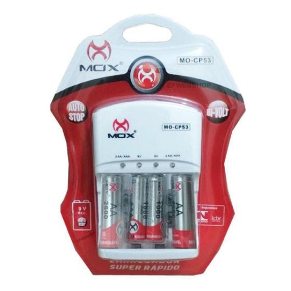 Carregador MO-CP53 c/2 Pilhas AA e 2 pilhas AAA AutoStop pilhas/2 9V