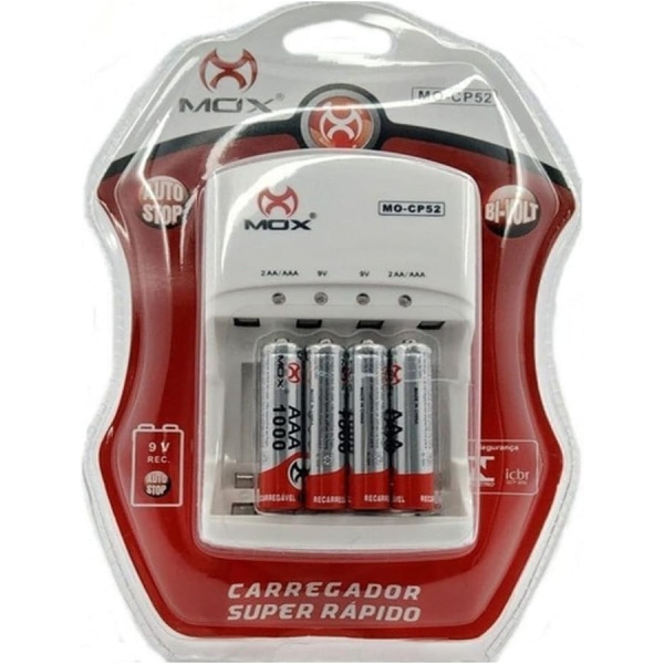 Carregador MO-CP52 c/4 Pilhas AAA AutoStop pilhas/2 9V